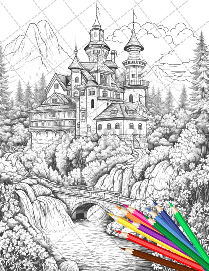 122 Fantasy Castles Coloring Book for Adults, Grayscale Coloring Page, Printable PDF Instant Download