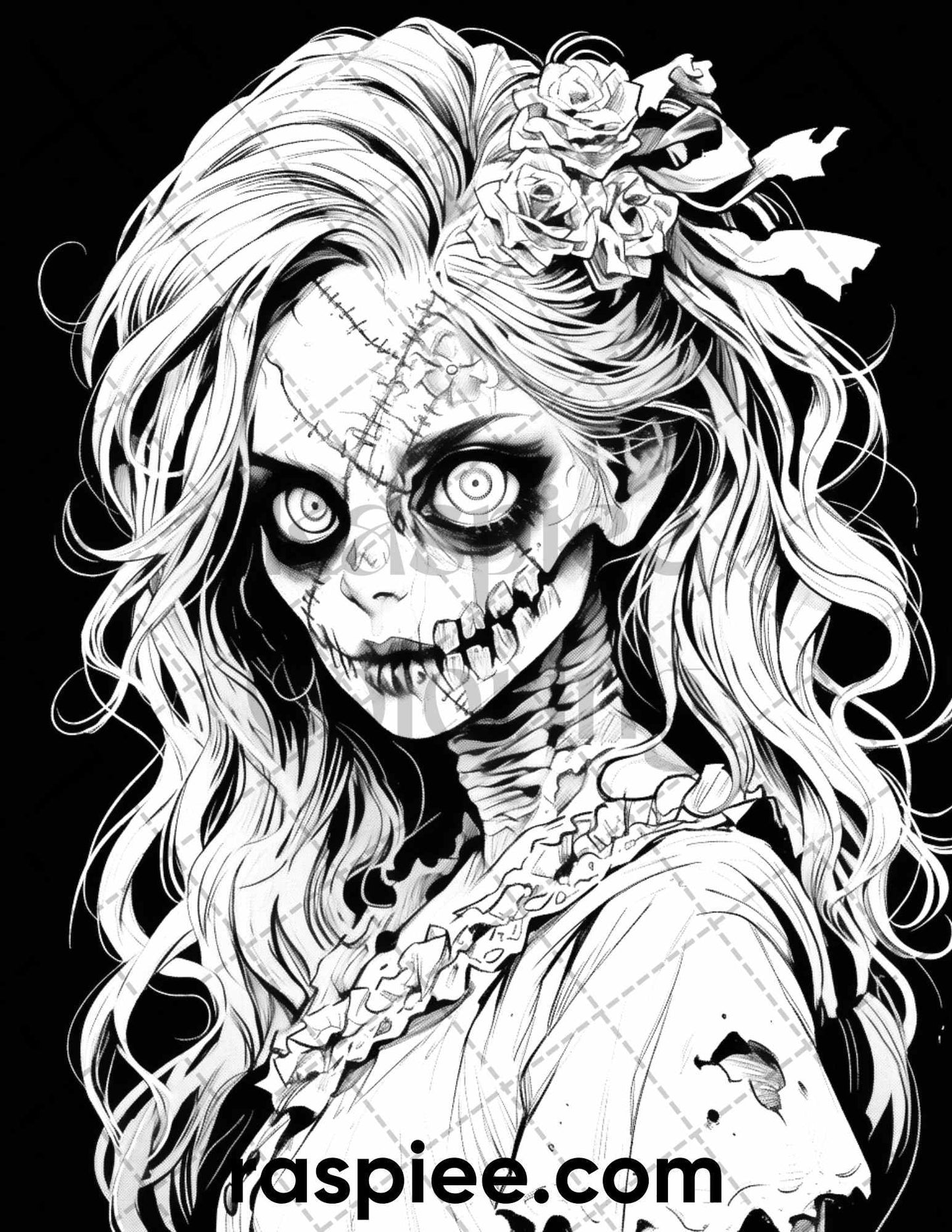 60 Horror Beauties Grayscale Coloring Pages Printable for Adults, PDF File Instant Download