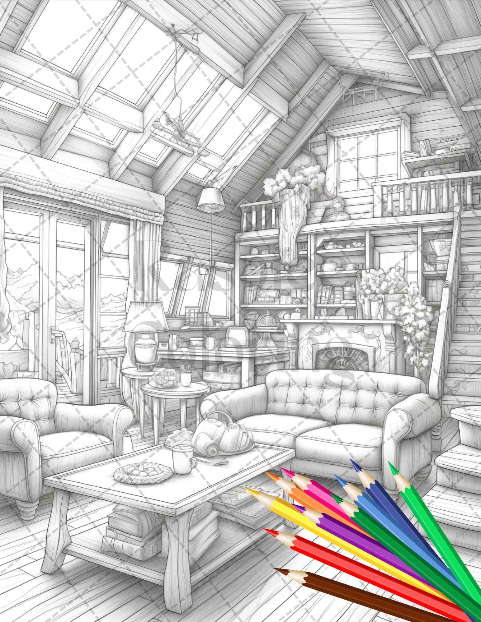 Cozy Cabin Interior Grayscale Coloring Pages Printable for Adults, PDF File Instant Download