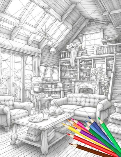 Cozy Cabin Interior Grayscale Coloring Pages Printable for Adults, PDF File Instant Download