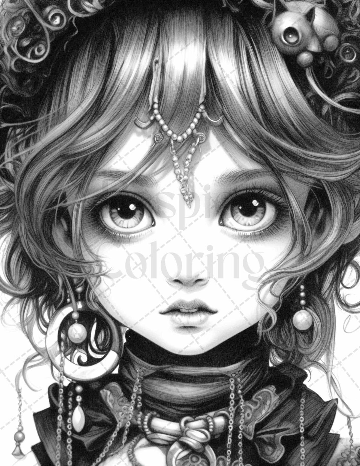 60 Adorable Gothic Girls Grayscale Coloring Pages Printable for Adults, PDF File Instant Download