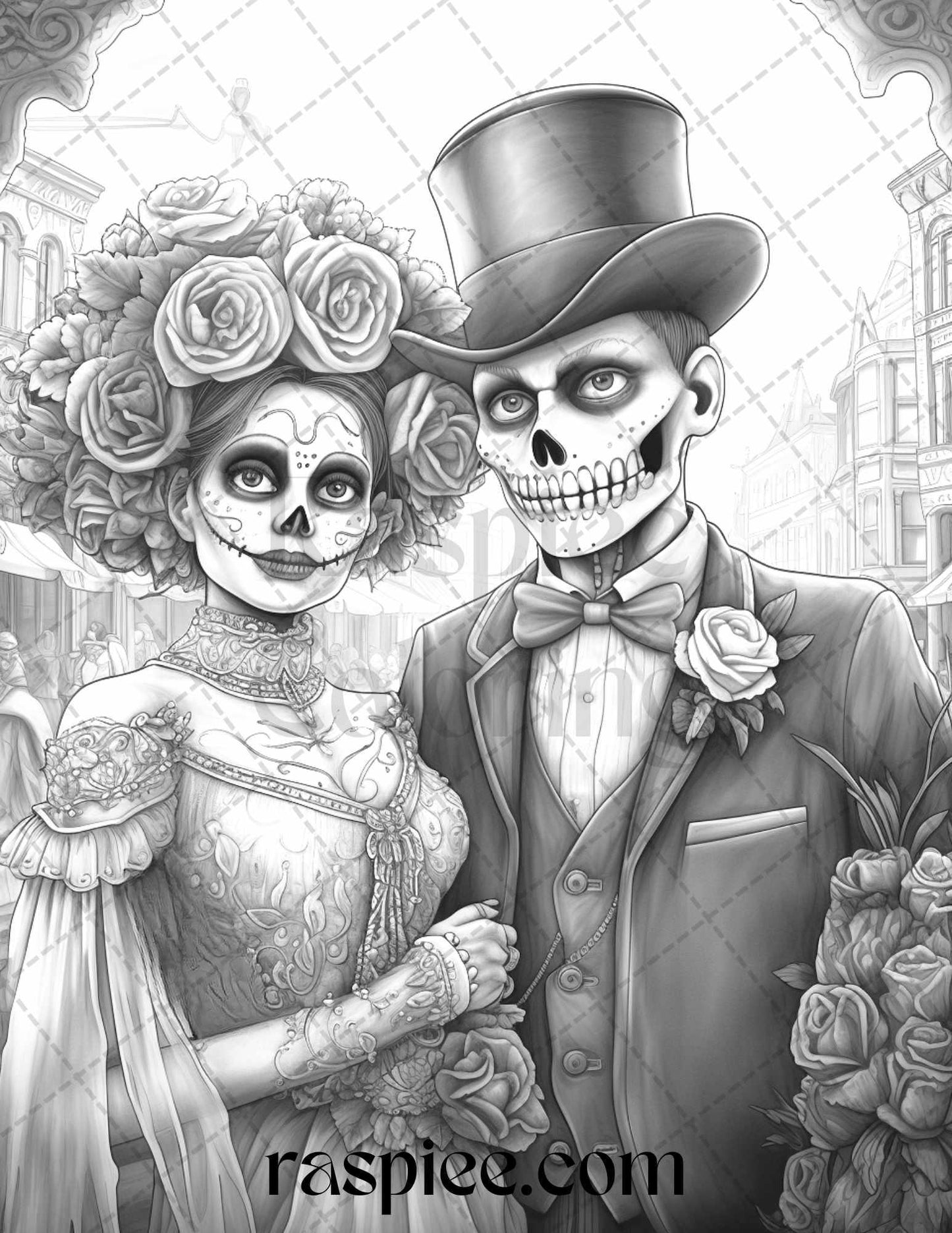 50 Day of the Dead Grayscale Coloring Pages Printable for Adults, PDF File Instant Download
