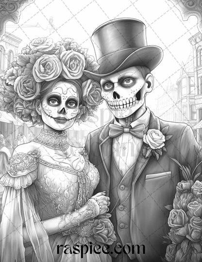 50 Day of the Dead Grayscale Coloring Pages Printable for Adults, PDF File Instant Download