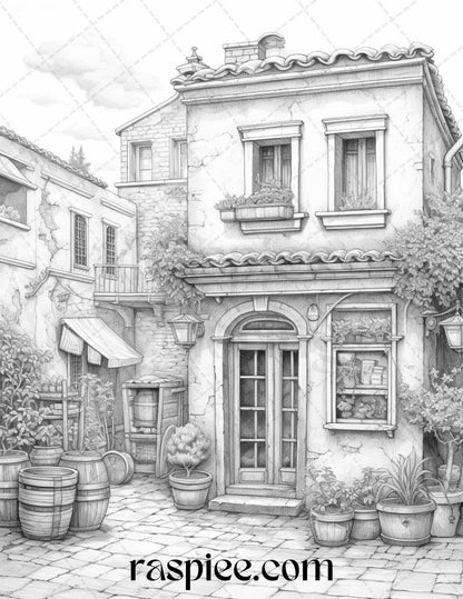 Roman Architecture Grayscale Coloring Pages Printable for Adults, PDF File Instant Download