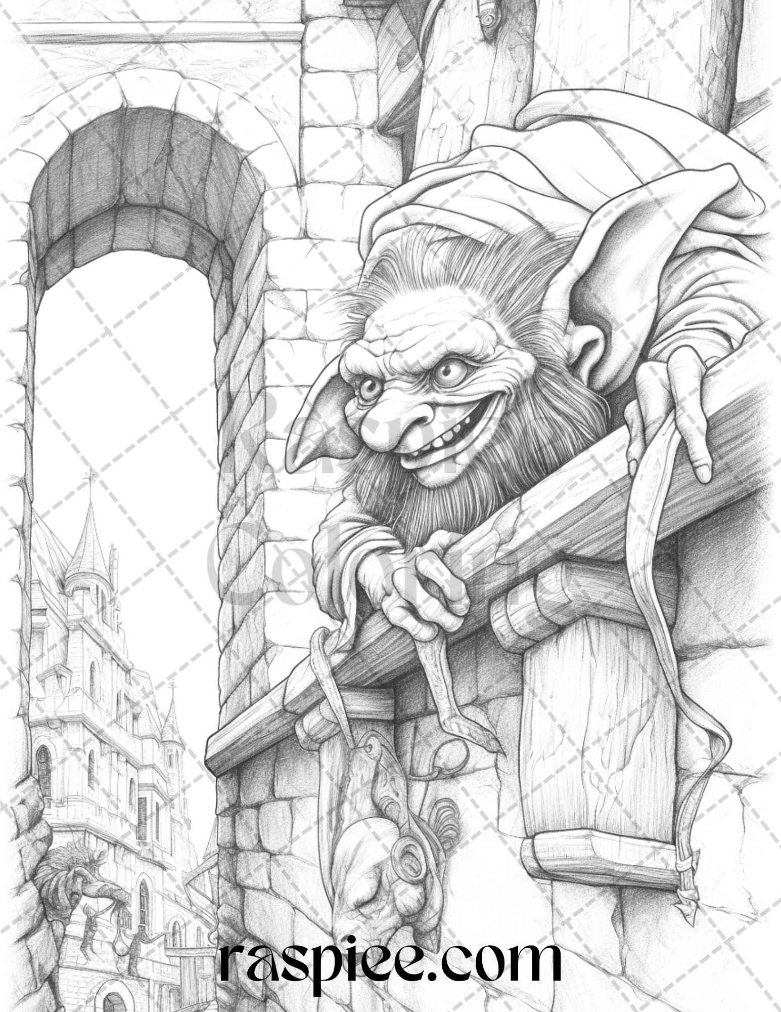 Fantasy Goblins Grayscale Coloring Pages Printable for Adults, PDF File Instant Download
