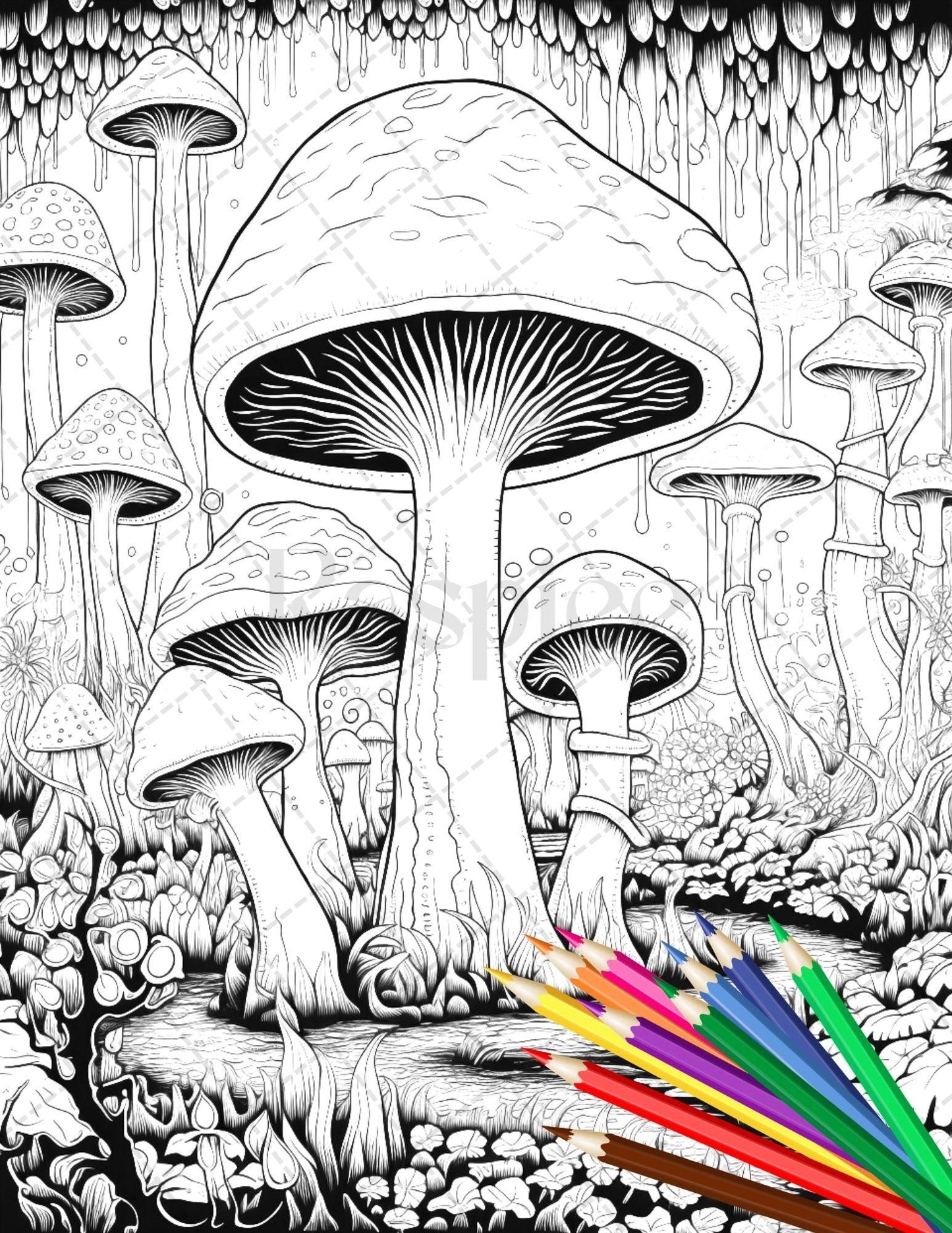 Psychedelic Mushroom Forest Coloring Book Printable for Adults, Trippy Grayscale Coloring Page, PDF File Instant Download