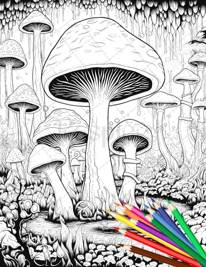 Psychedelic Mushroom Forest Coloring Book Printable for Adults, Trippy Grayscale Coloring Page, PDF File Instant Download