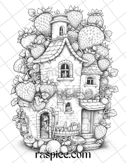 50 Strawberry Houses Grayscale Coloring Pages Printable for Adults Kids, PDF File Instant Download