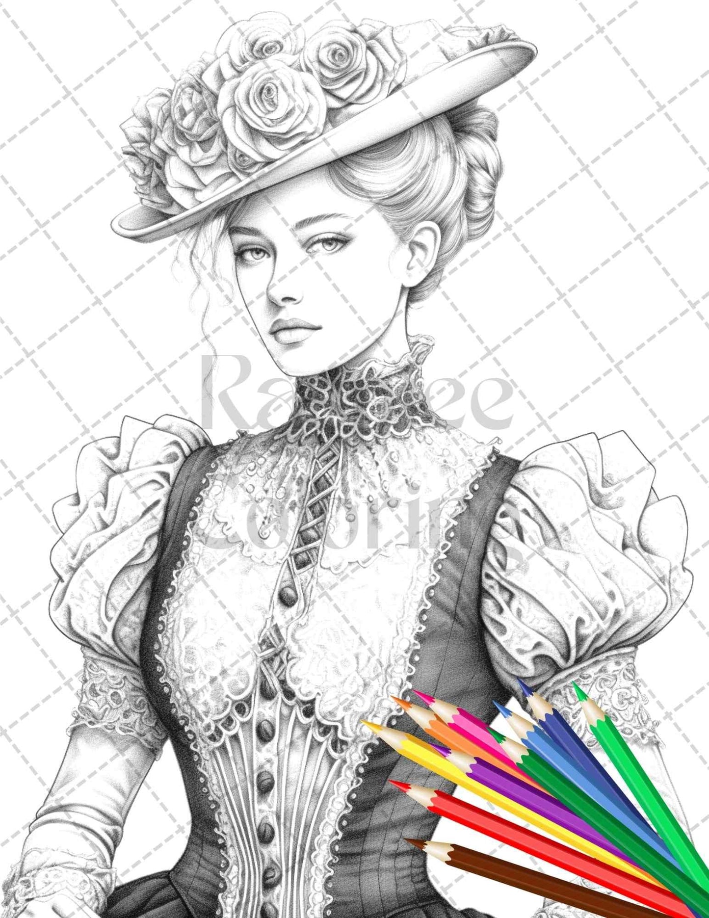 50 Victorian Fashion Grayscale Coloring Pages Printable for Adults, PDF File Instant Download