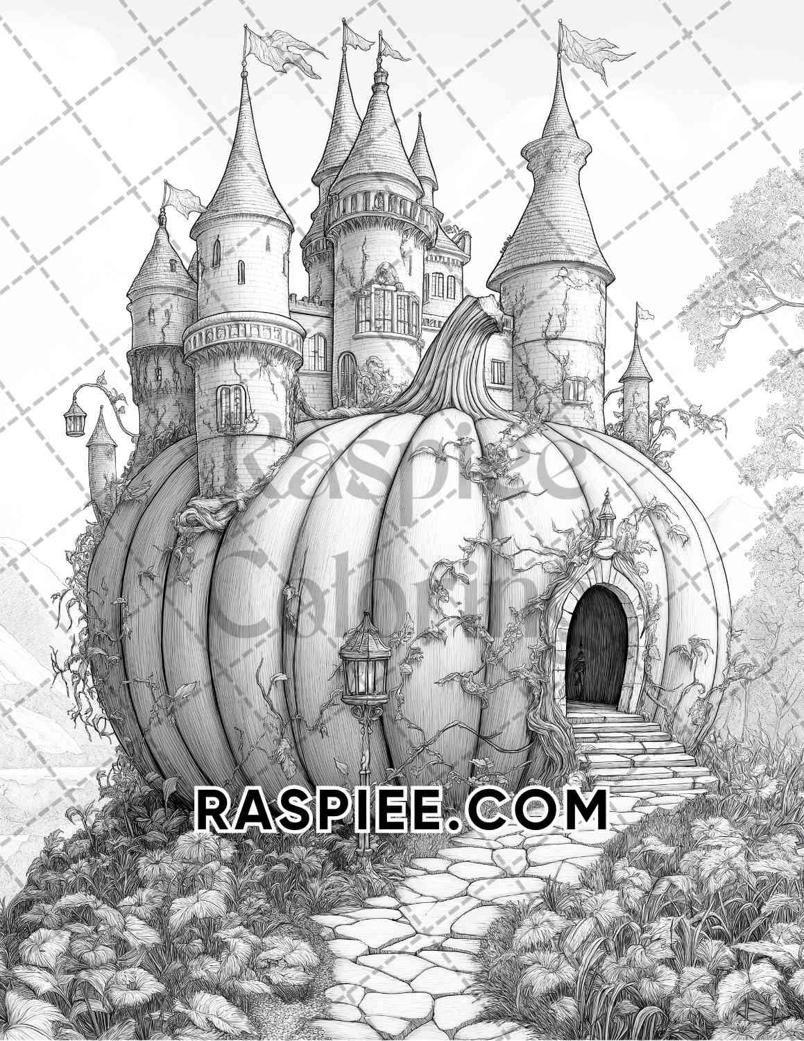 Fantasy Giant Pumpkin Castles Adult Coloring Pages Printable PDF Instant Download