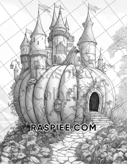 Fantasy Giant Pumpkin Castles Adult Coloring Pages Printable PDF Instant Download