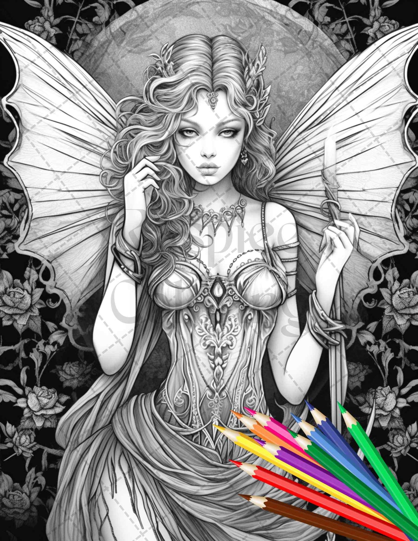 Beautiful Dark Fairy Grayscale Coloring Pages Printable for Adults, PDF File Instant Download