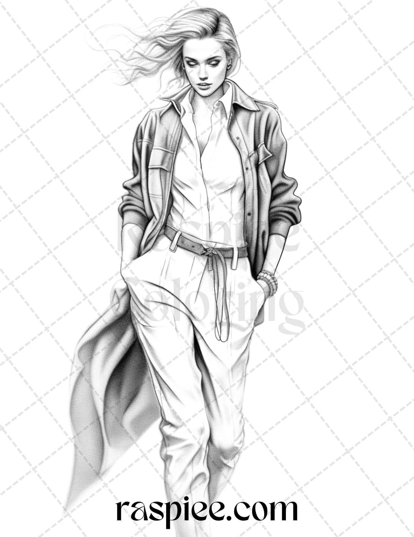 50 Streetwear Fashion Grayscale Coloring Pages Printable for Adults, PDF File Instant Download