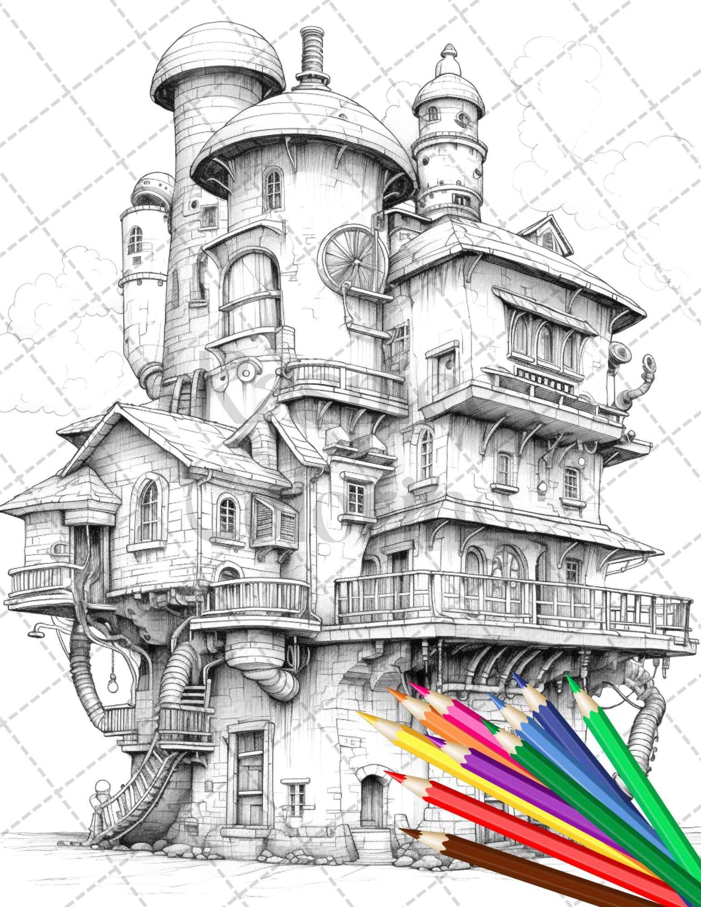 50 Steampunk Houses Grayscale Coloring Pages Printable for Adults, PDF File Instant Download
