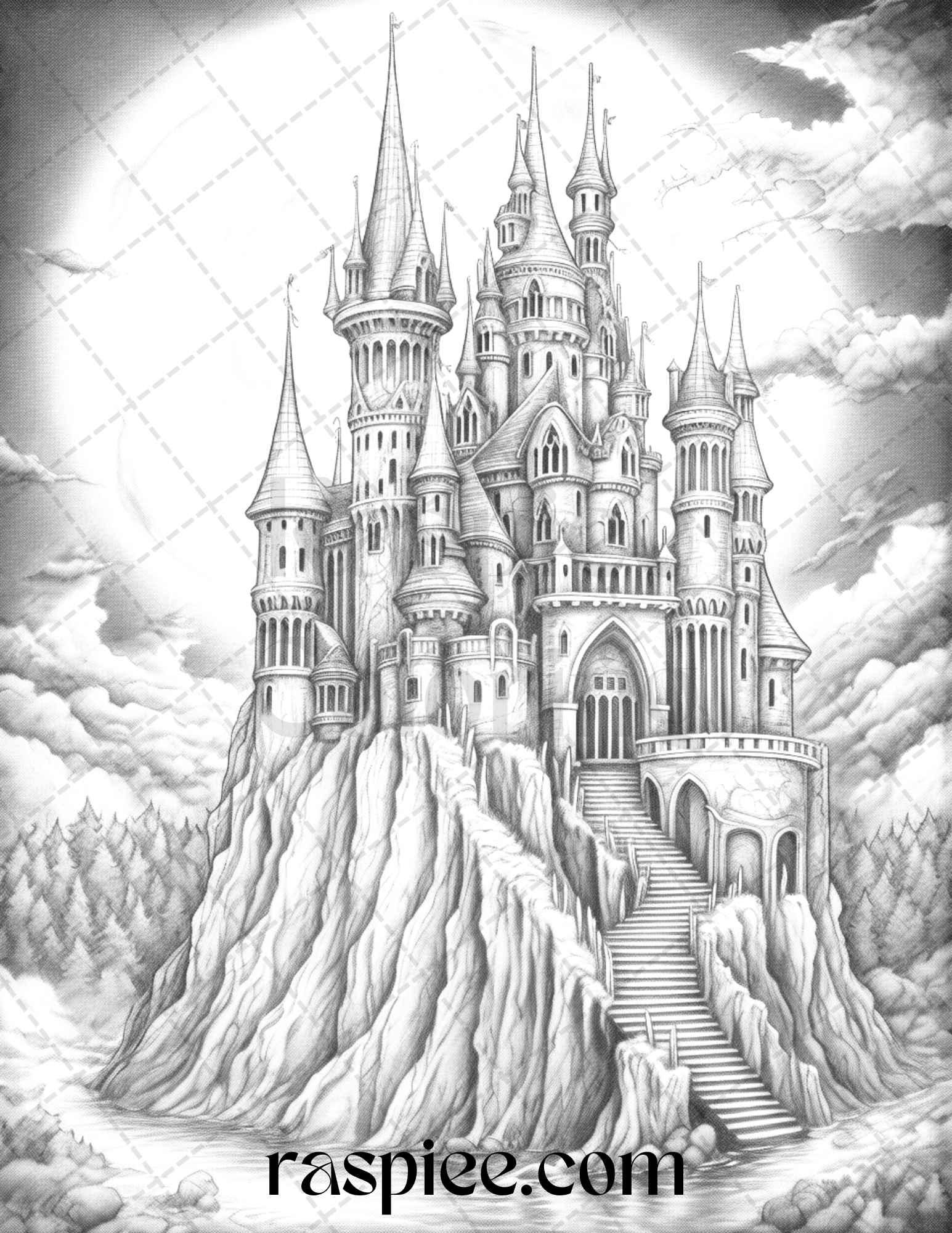 50 Haunted Castles Grayscale Coloring Pages Printable, Halloween Coloring Book, PDF File Instant Download