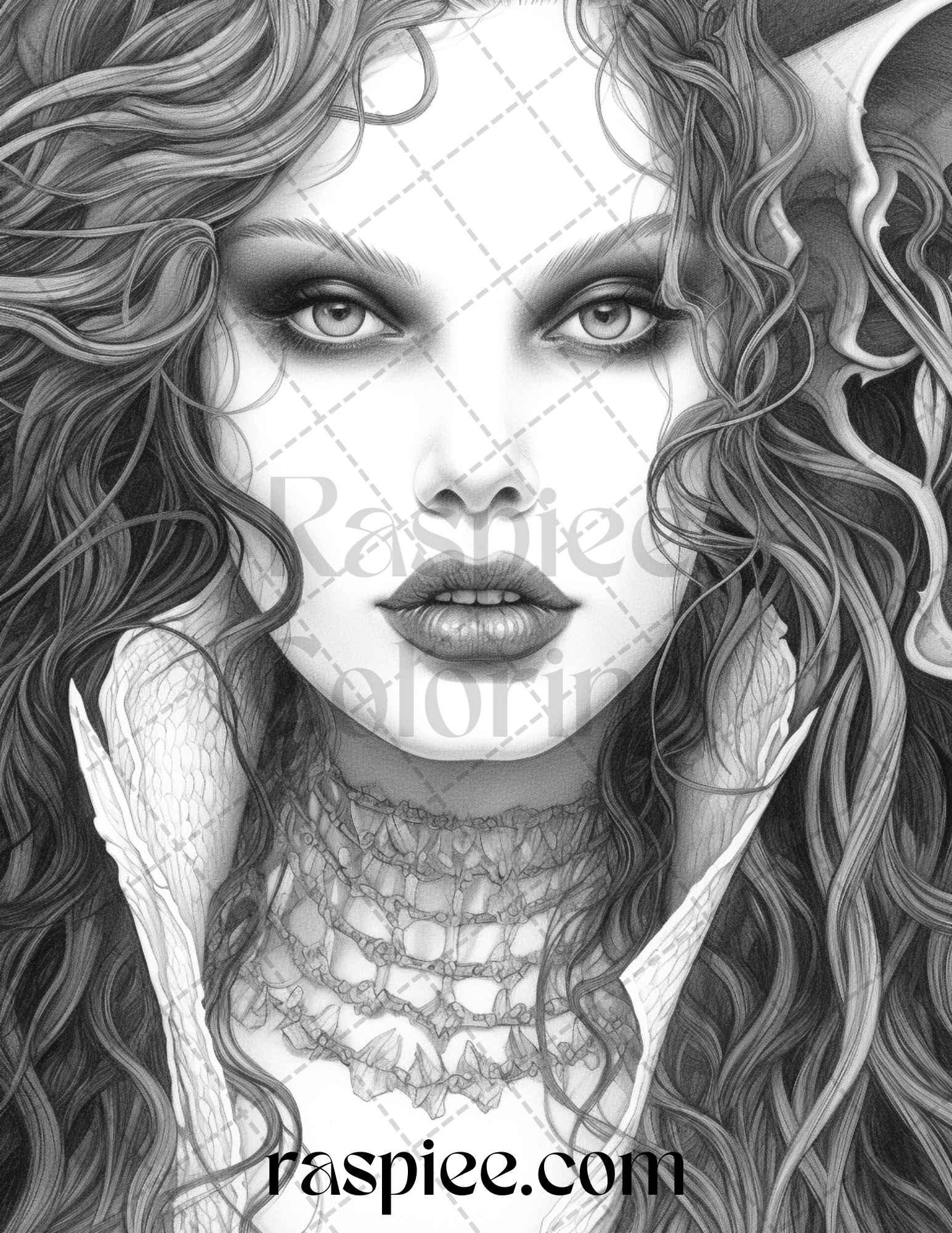 Bewitching Vampires Grayscale Coloring Pages Printable for Adults, PDF File Instant Download