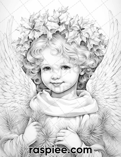 55 Christmas Angel Grayscale Coloring Pages for Adults, Printable PDF Instant Download