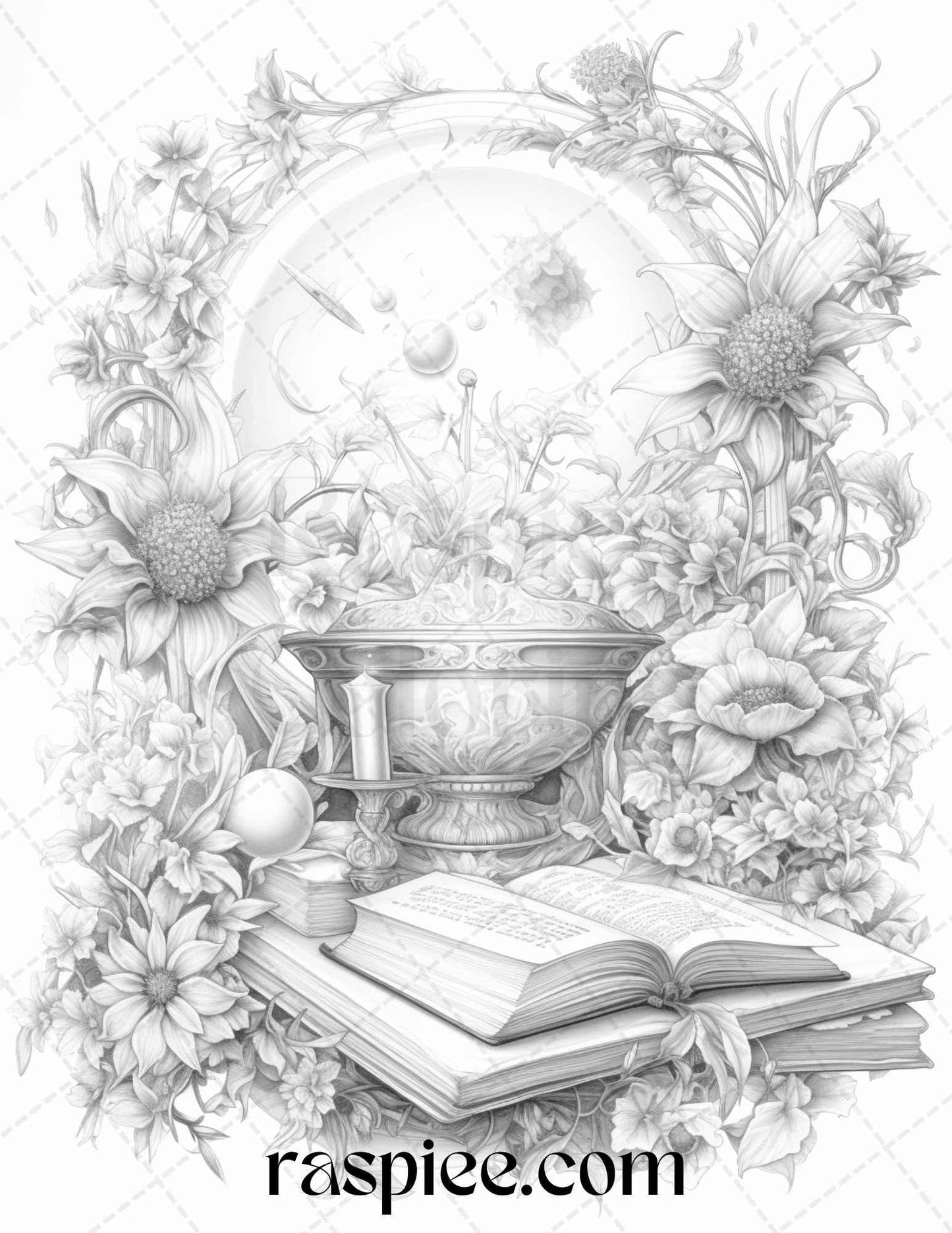 50 Magical Books Grayscale Coloring Pages Printable for Adults, PDF File Instant Download