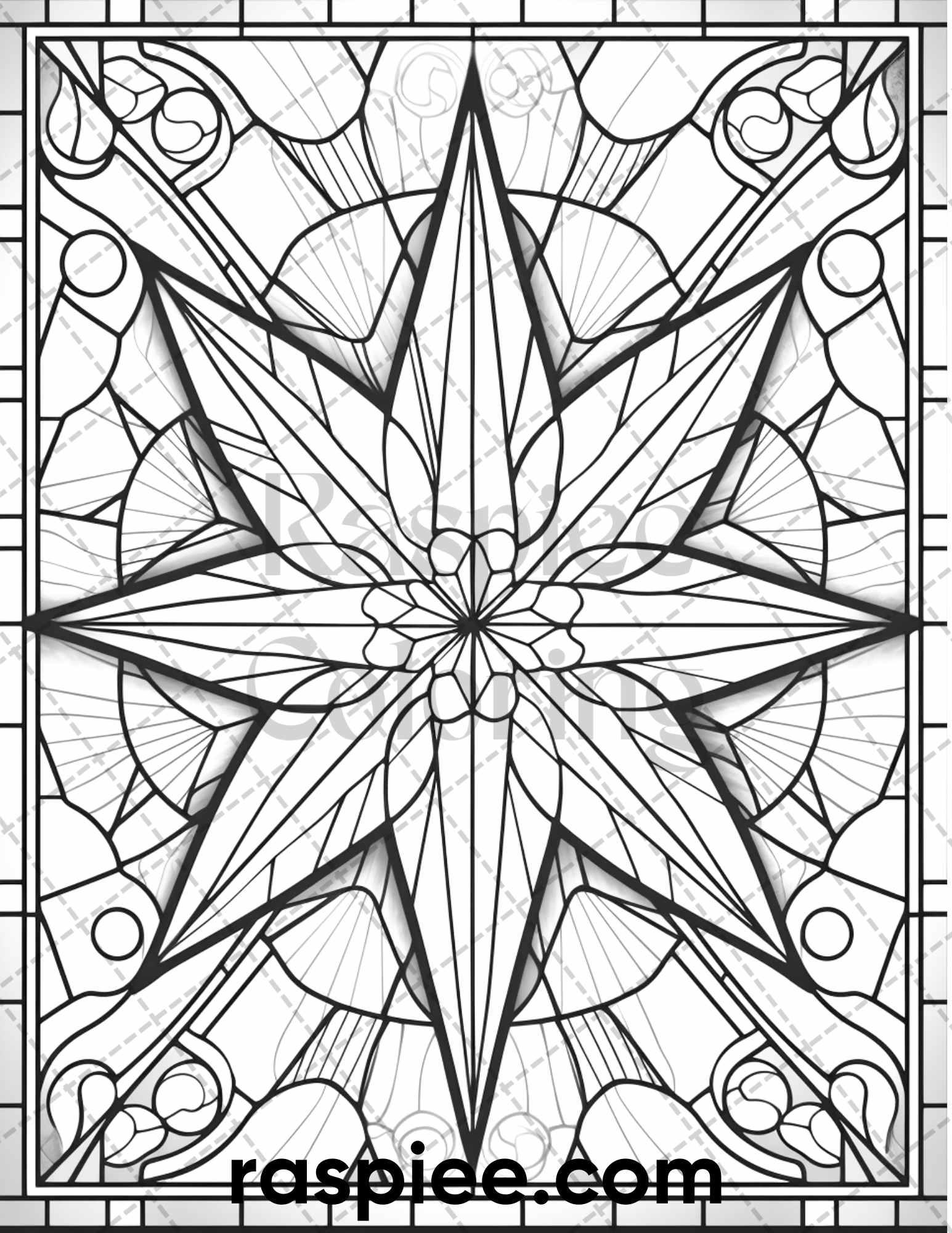 50 Christmas Stained Glass Grayscale Coloring Pages for Adults, Printable PDF File Instant Download