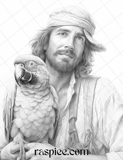 60 Pirate Life Grayscale Coloring Pages Printable for Adults, Stress Relief Coloring, PDF File Instant Download