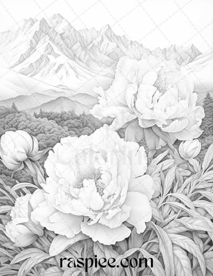 60 Mountain Flower Landscapes Grayscale Coloring Pages Printable for Adults, PDF File Instant Download