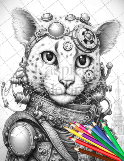 60 Steampunk Animals Grayscale Coloring Pages Printable for Adults, PDF File Instant Download