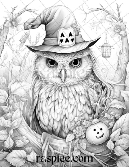 Halloween Witch Owl Grayscale Coloring Pages for Adults and Kids, Printable PDF Instant Download