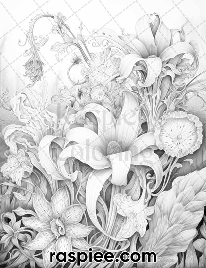 55 Fantasy Flowers Grayscale Coloring Pages for Adults, Printable PDF File Instant Download