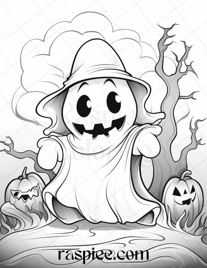 50 Halloween Cute Ghosts Grayscale Coloring Printable for Adults Kids, PDF File Instant Download