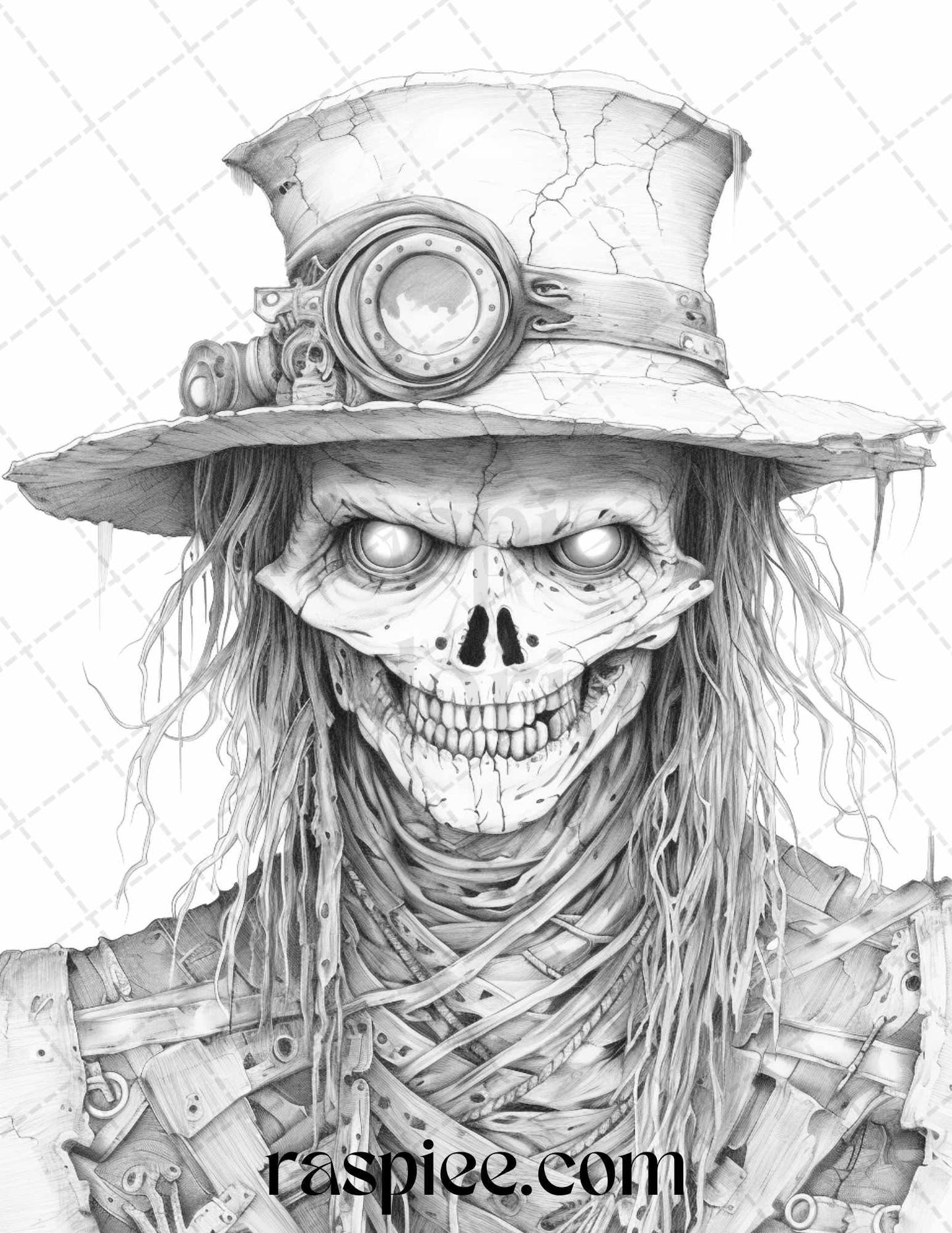53 Scary Steampunk Scarecrows Grayscale Coloring Pages Printable for Adults, PDF File Instant Download