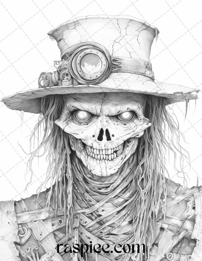 53 Scary Steampunk Scarecrows Grayscale Coloring Pages Printable for Adults, PDF File Instant Download