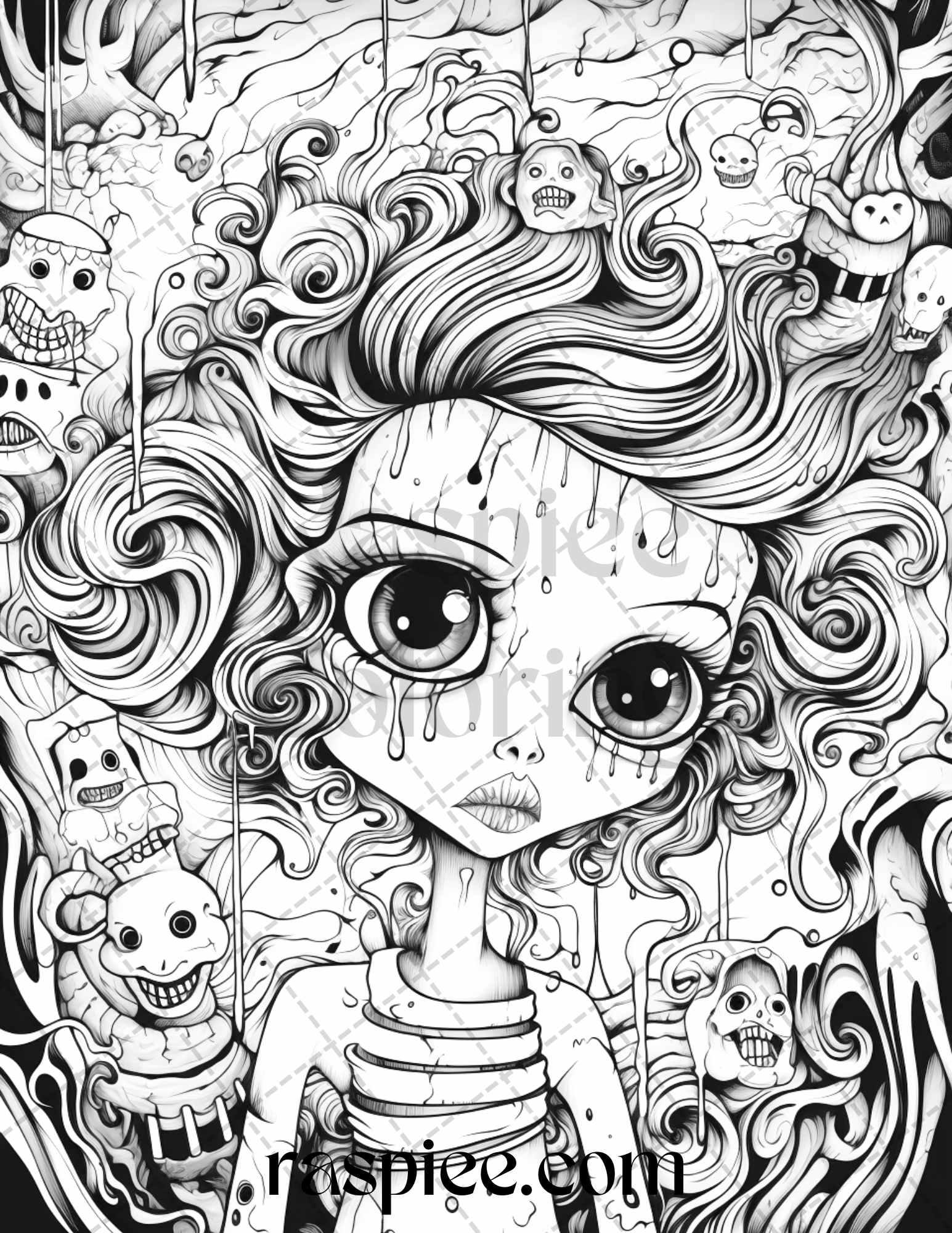 50 Spooky Miss Nightmare Grayscale Coloring Pages Printable for Adults, PDF File Instant Download