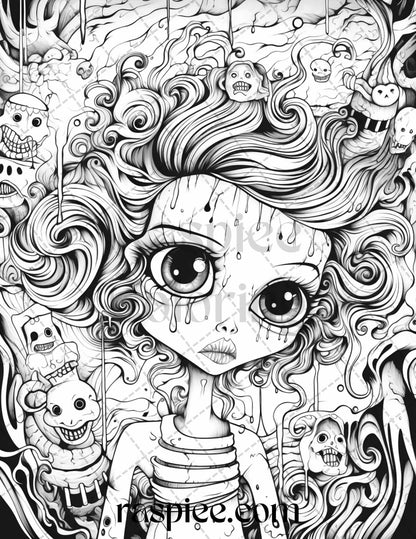 50 Spooky Miss Nightmare Grayscale Coloring Pages Printable for Adults, PDF File Instant Download