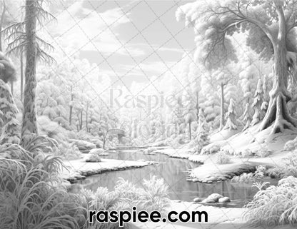 60 Enchanting Winter Landscapes Grayscale Coloring Pages for Adults, Instant PDF Download