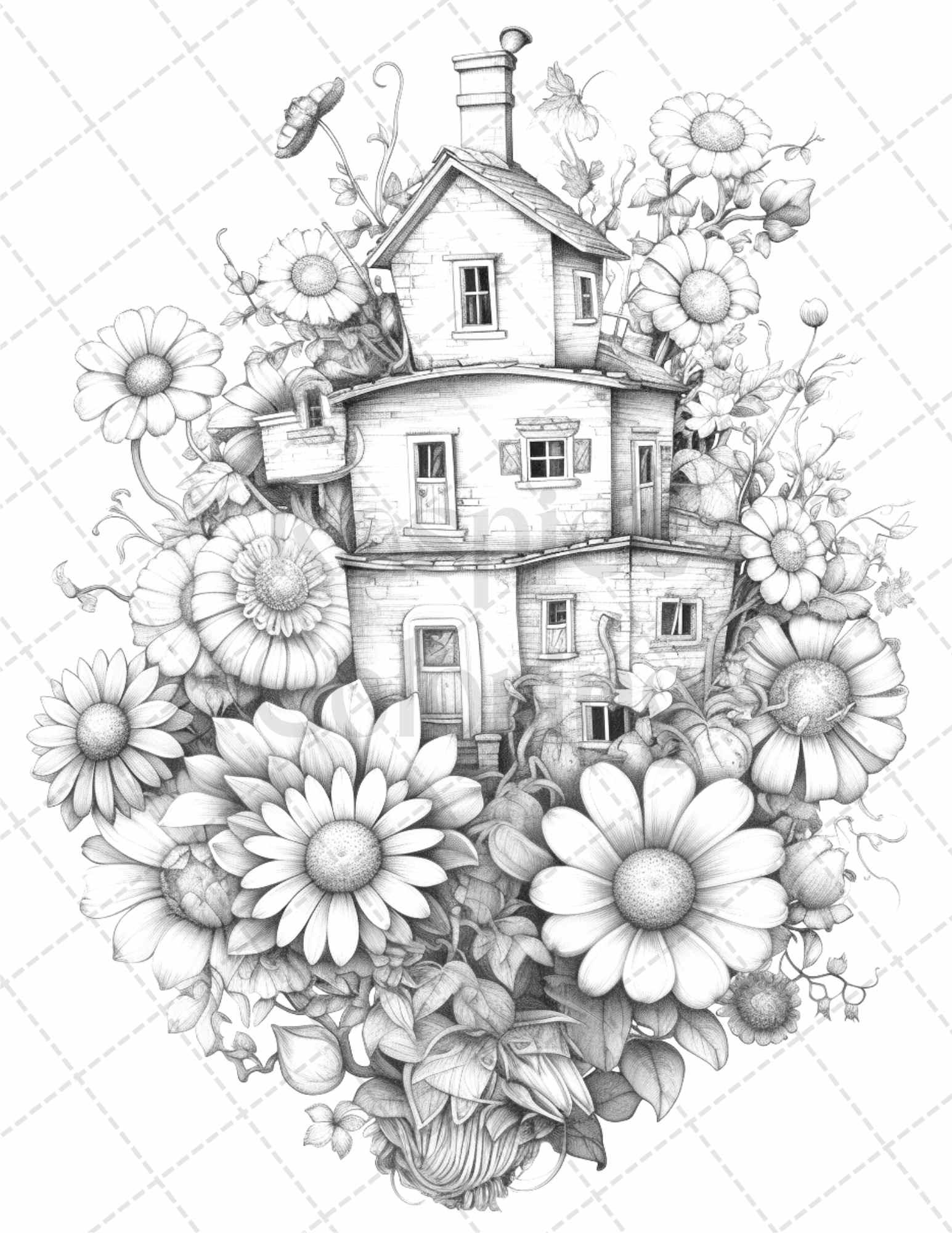 60 Flower Houses Grayscale Coloring Pages Printable for Adults, PDF File Instant Download