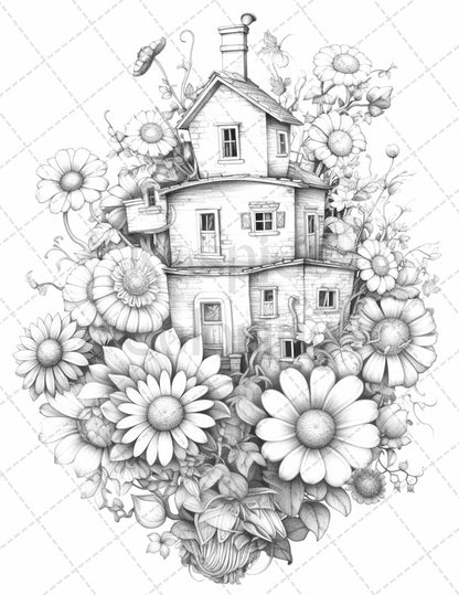 60 Flower Houses Grayscale Coloring Pages Printable for Adults, PDF File Instant Download