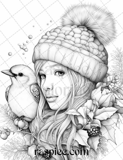 60 Beautiful Winter Girls Grayscale Coloring Pages Printable for Adults, PDF File Instant Download
