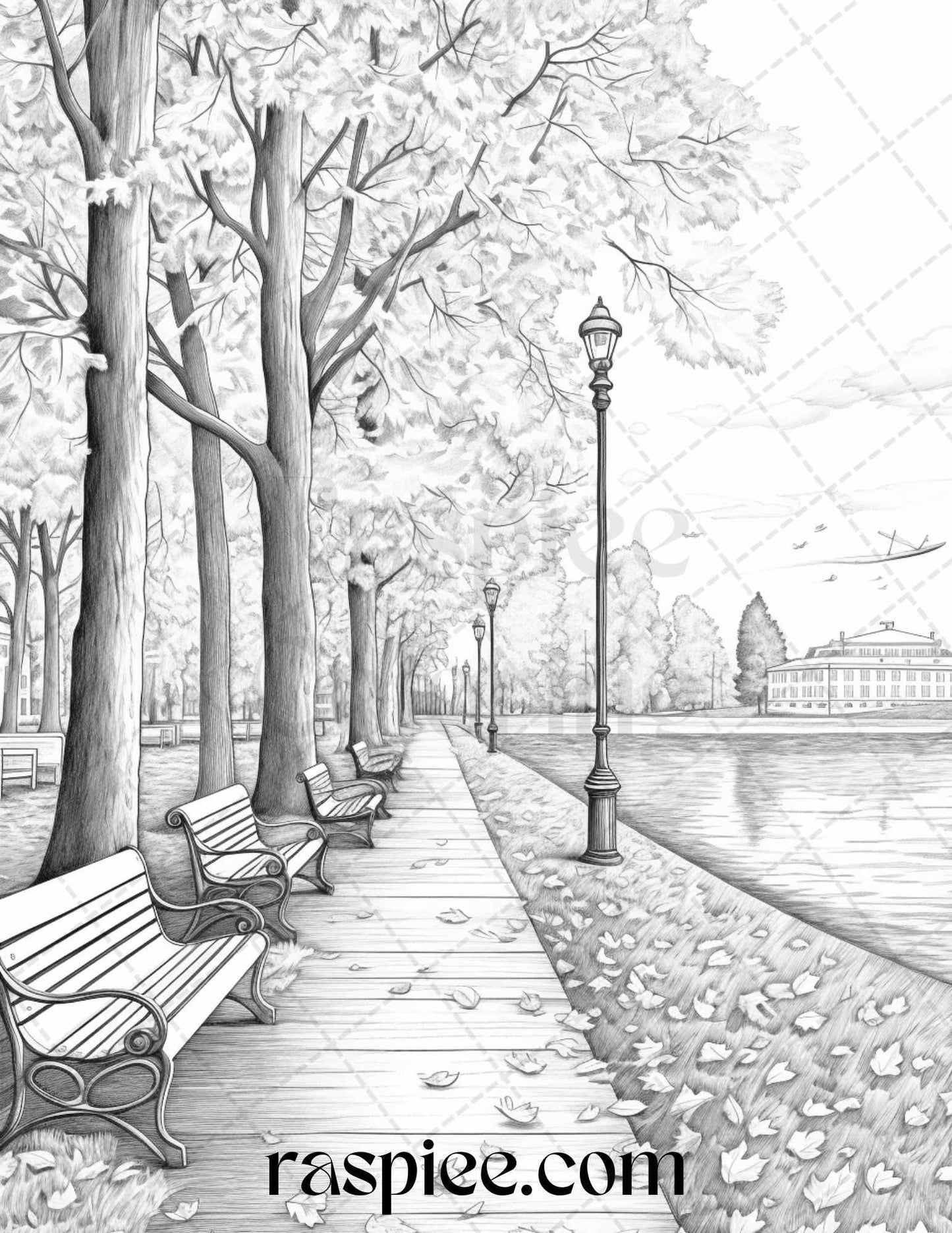 Autumn Scenery Grayscale Coloring Pages Printable for Adults, PDF File Instant Download