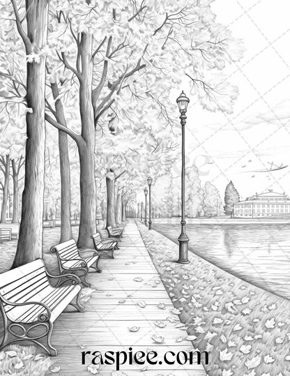 Autumn Scenery Grayscale Coloring Pages Printable for Adults, PDF File Instant Download
