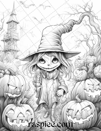 50 Halloween Scarecrows Grayscale Coloring Pages Printable for Adults, PDF File Instant Download