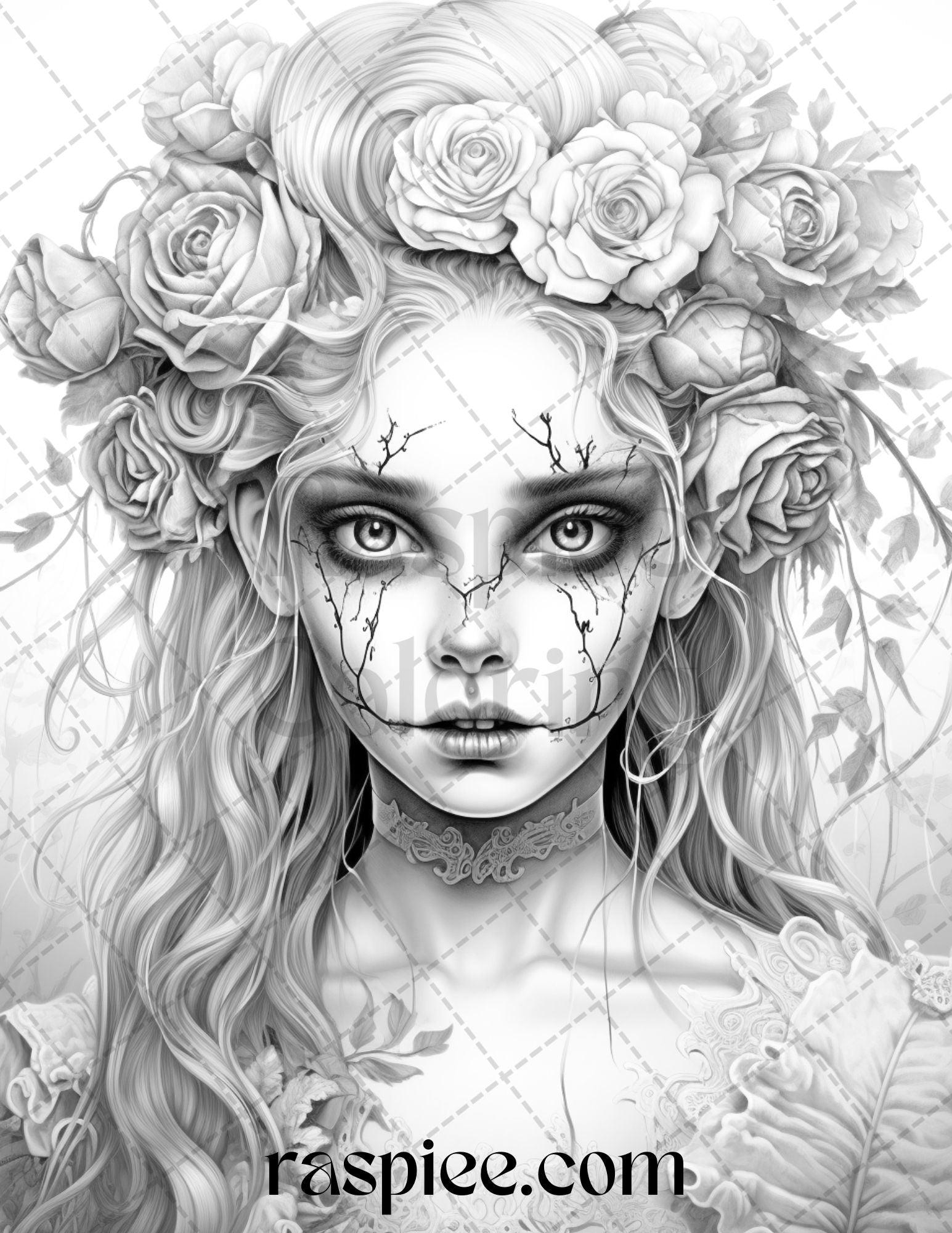 55 Halloween Girls Grayscale Coloring Pages Printable for Adults, PDF File Instant Download