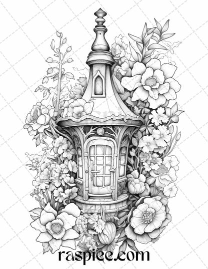 50 Lantern Fairy Houses Grayscale Coloring Pages Printable for Adults, PDF File Instant Download
