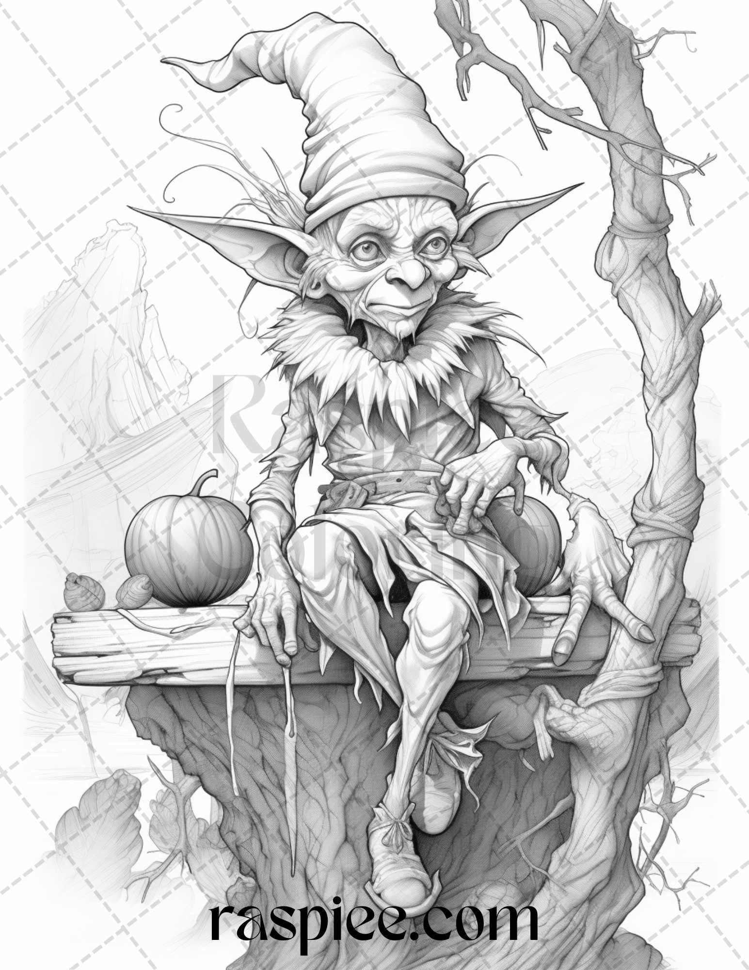 50 Halloween Goblin Grayscale Coloring Pages Printable for Adults, PDF File Instant Download