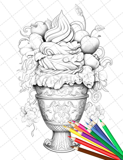 52 Printable Ice Cream Desserts Coloring Pages for Adults and Kids, Grayscale Coloring Page, PDF File Instant Download