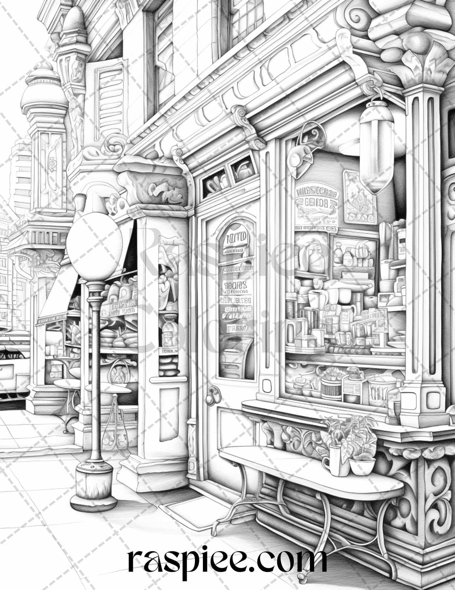 50 Cozy Coffee Shop Grayscale Coloring Pages Printable for Adults, PDF File Instant Download