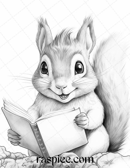 52 Adorable Squirrels Grayscale Coloring Pages Printable for Adults Kids, PDF File Instant Download
