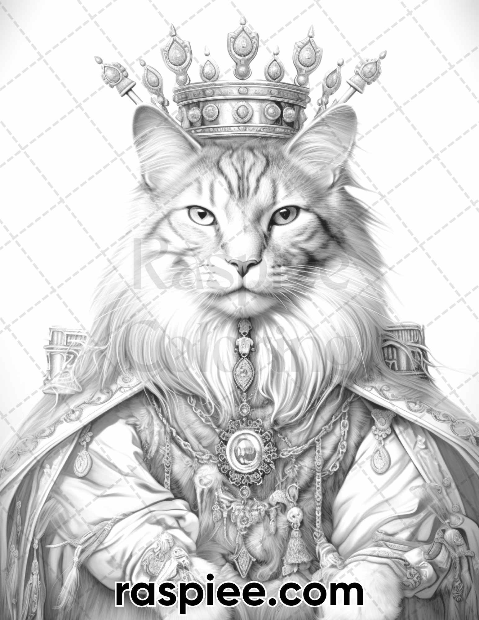 50 Royal King Cat Grayscale Coloring Pages for Adults, Printable PDF Instant Download