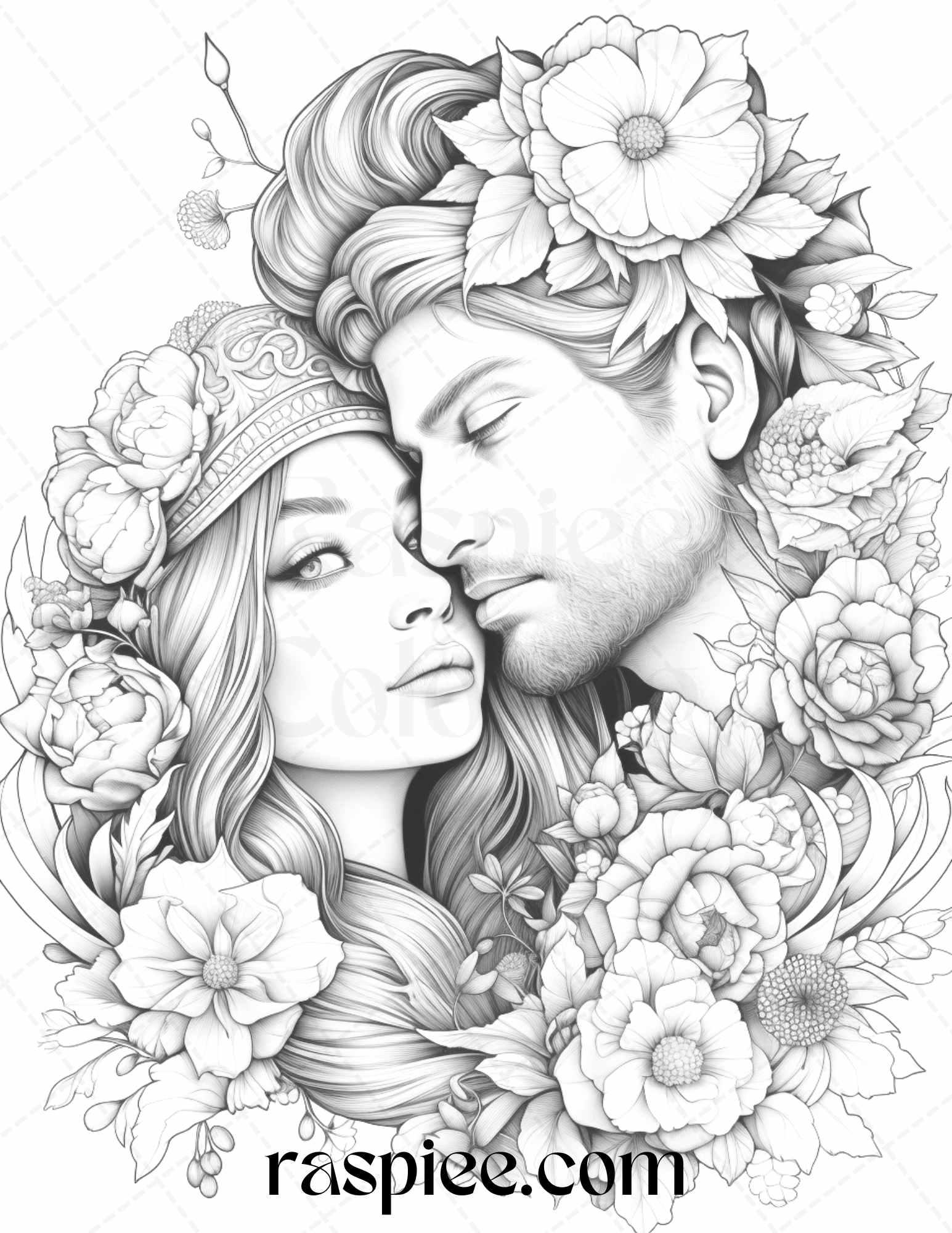 50 Romantic Couple Flowers Grayscale Coloring Pages Printable for Adults, PDF File Instant Download