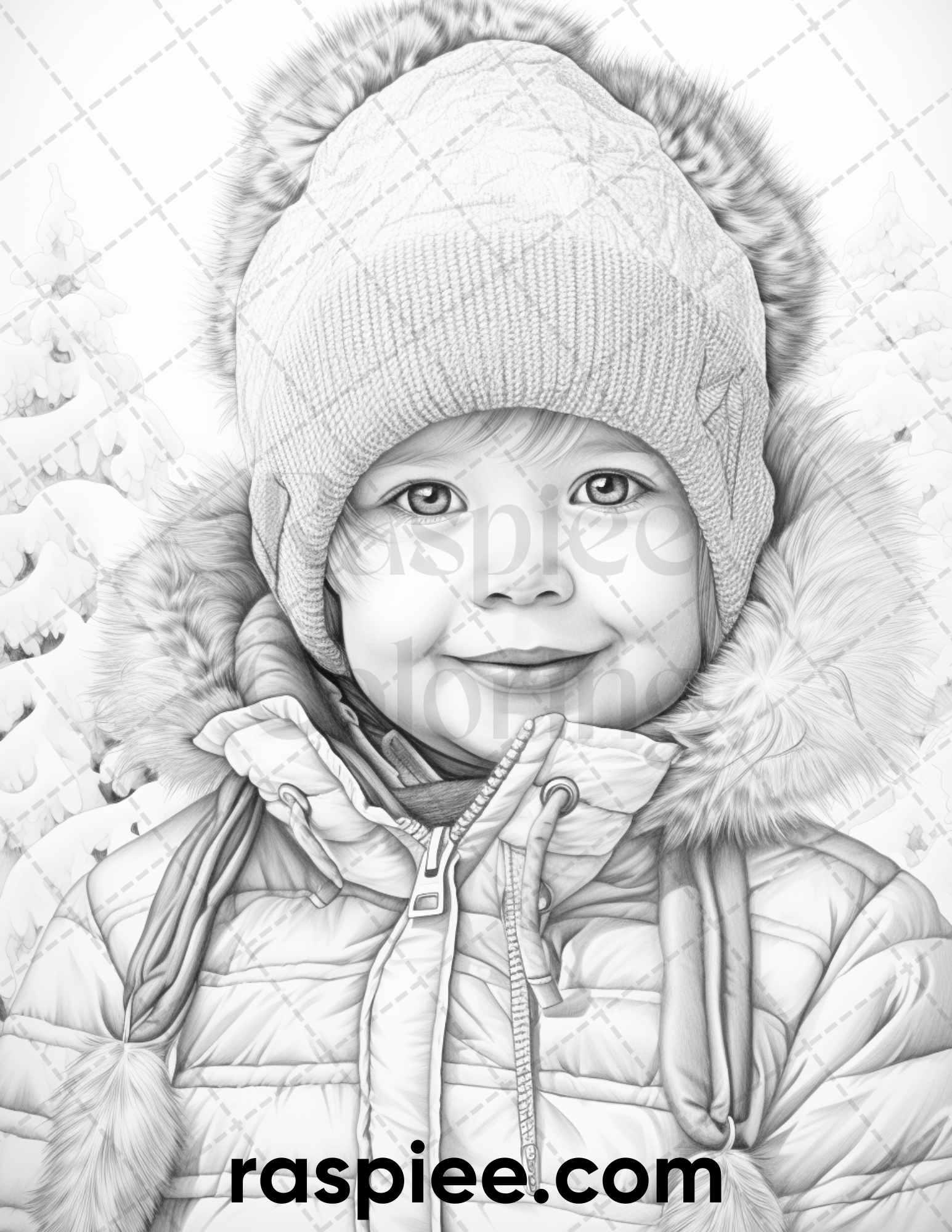 50 Baby Winter Portrait Grayscale Coloring Pages Printable for Adults, PDF File Instant Download