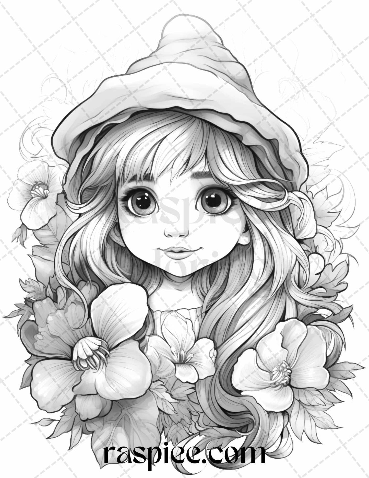 50 Flower Gnomes Grayscale Coloring Pages Printable for Adults Kids, PDF File Instant Download